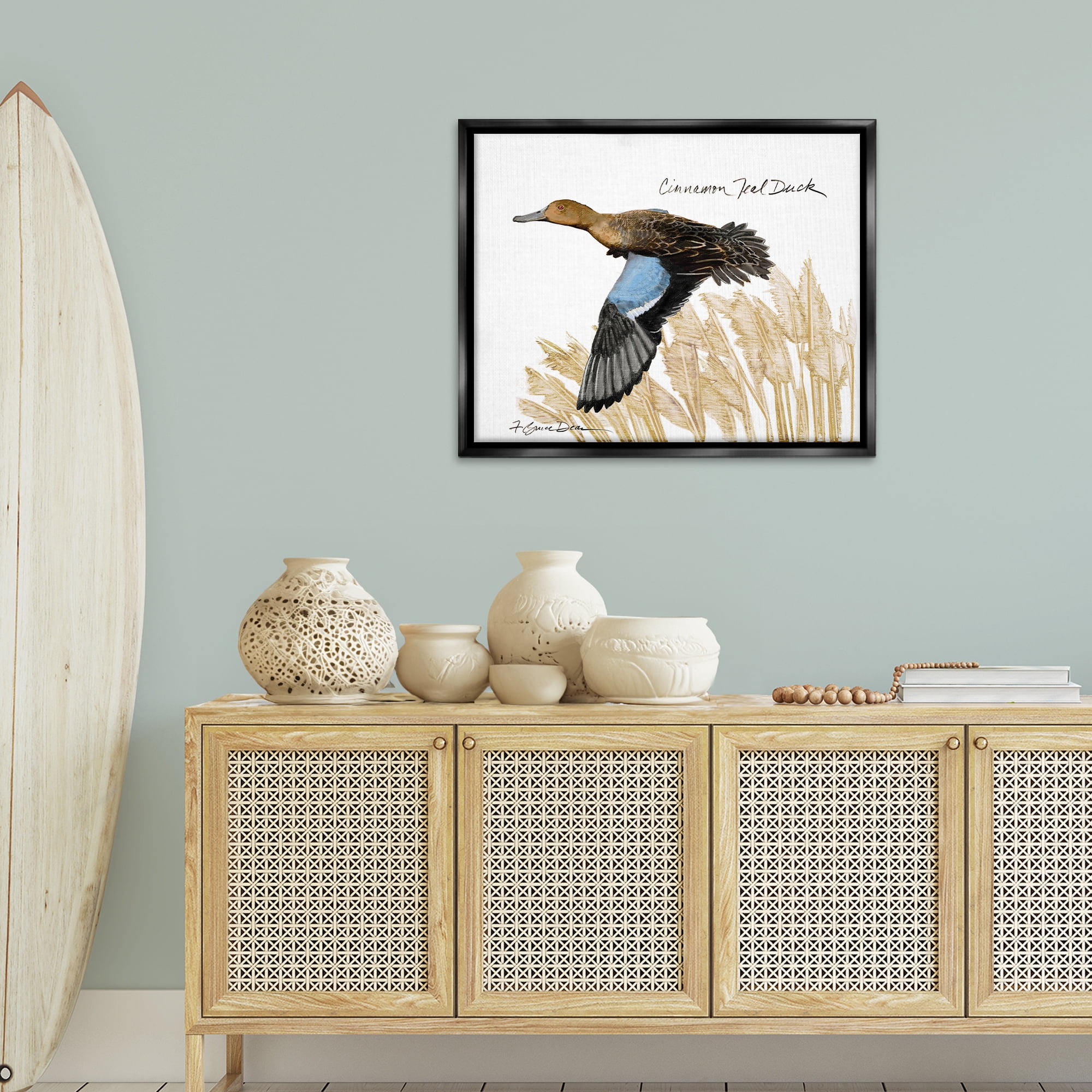 Stupell Industries Cinnamon Teal Duck Flying Animals & Insects Painting Black Floater Framed Canvas Art Print Wall Art, 31 x 25