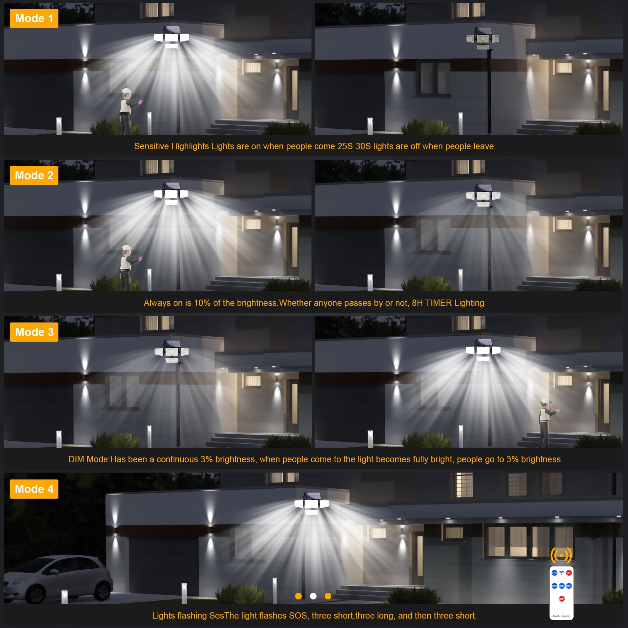 Qunler Solar Lights Outdoor, 304LED 2500LM Motion Sensor Security Lights with Remote Control, IP65 Waterproof Flood Wall Lights for Outside Garden Patio Yard Garage, 2Pack
