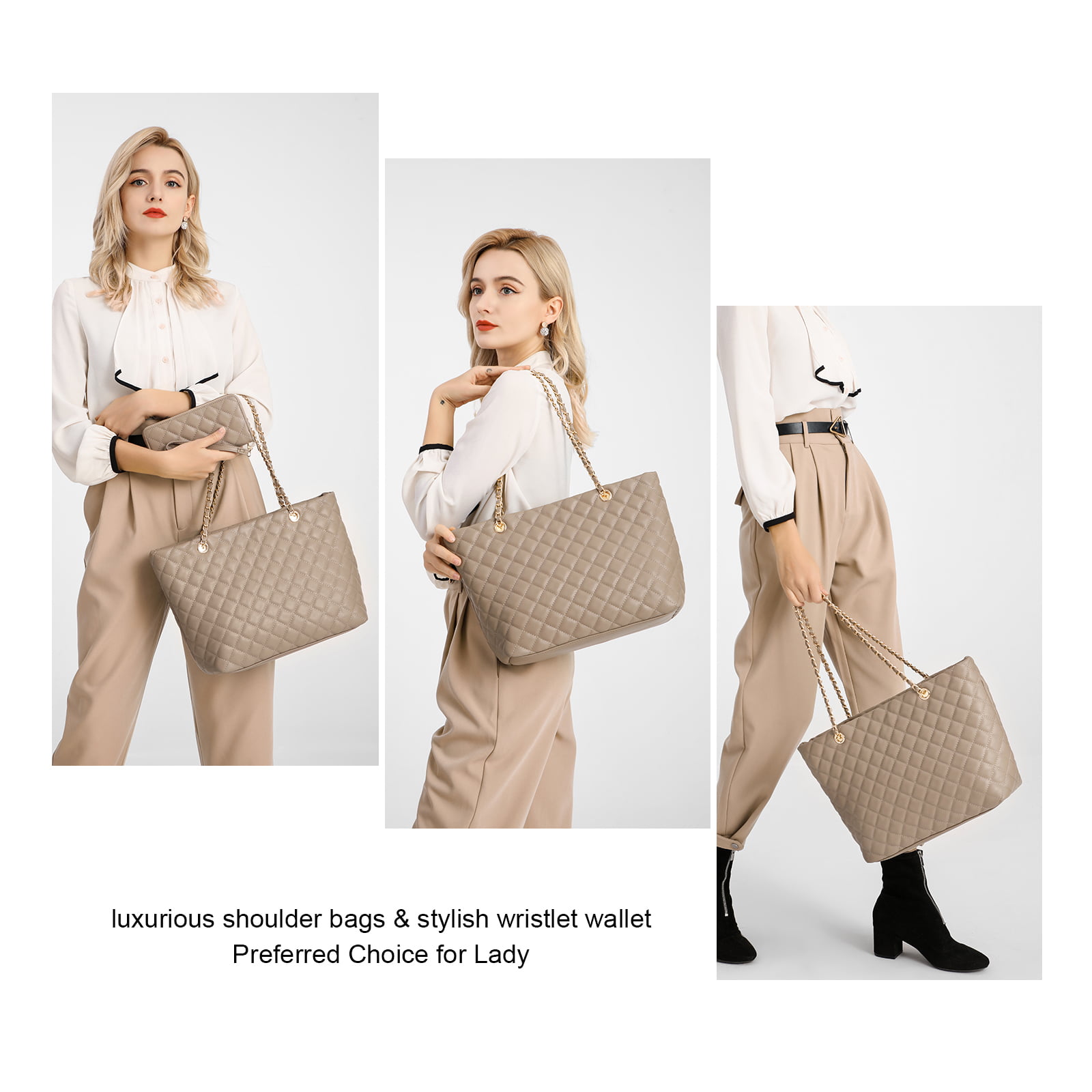 Poppy Quilted Women Handbags Purses Leather Tote Bag Satchel Wallet Set  2Pcs Chain Strap Shoulder Bag Classic