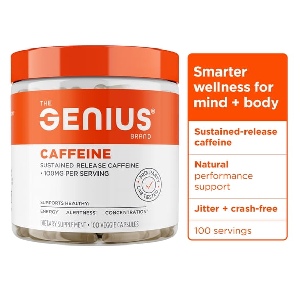 Genius Caffeine - Sustained-Release Microencapsulated Caffeine Pills for Smooth, Long-Lasting Energy & Focus - No Jitters or Crash - 100mg per Capsule - 100 Servings - Natural Performance Booster