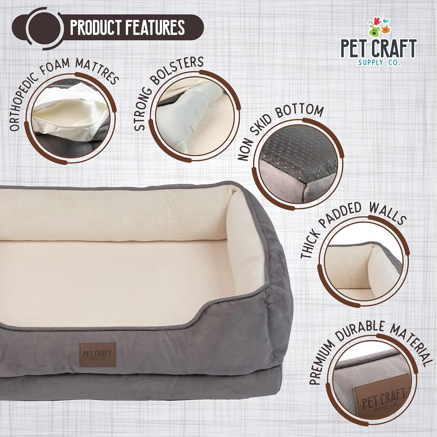 Pet Craft Supply Premium Orthopedic Lounger Dog Bed Sofa Style Couch Removable Washable Cover Joint Arthritis Relief Bolster Headrest Pet Bed for Small Dogs Medium Large Breed Dogs, Cream
