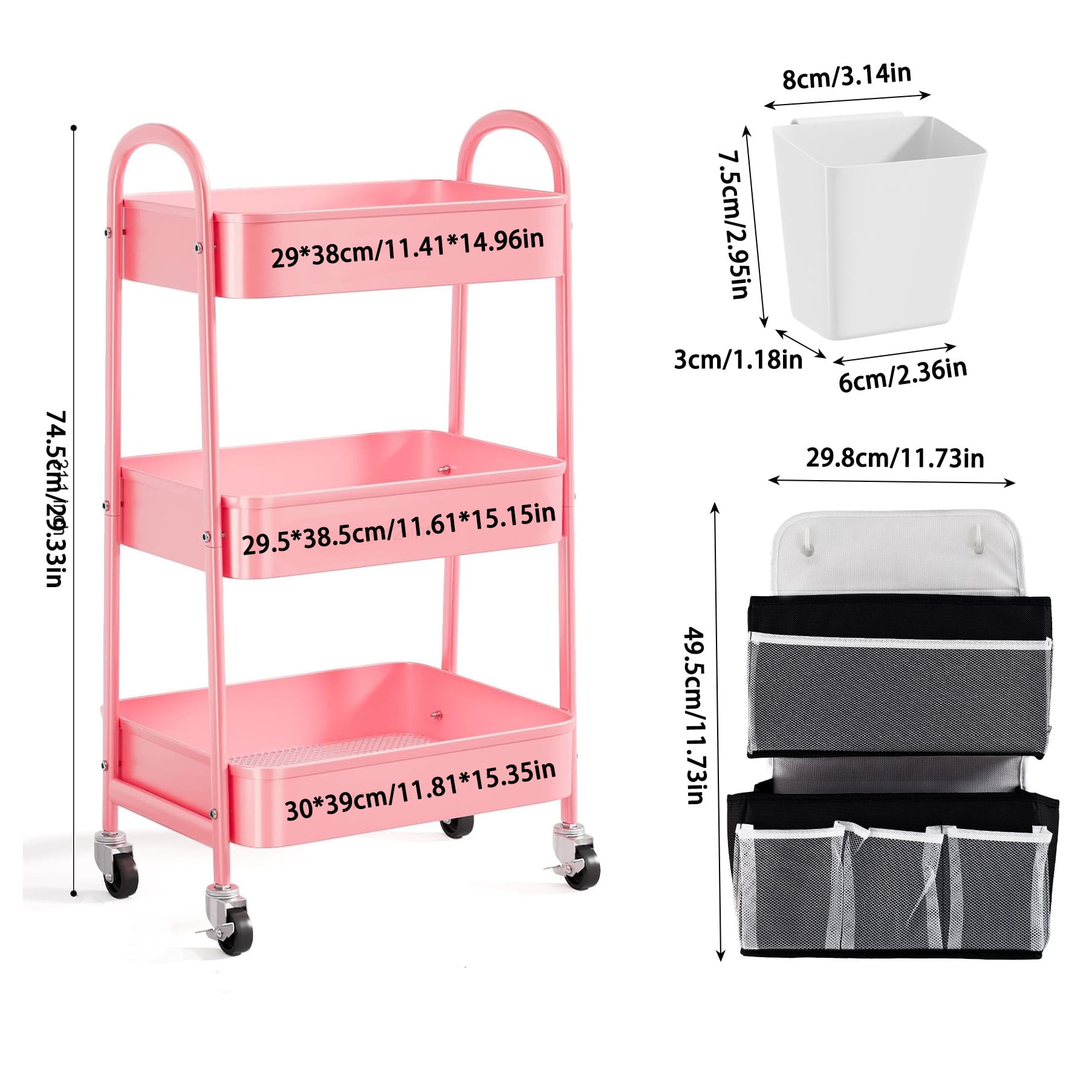 Baby Diaper Caddy Organizer Cart Metal rolling cart,3 Tier Rolling Storage Cart with Wheels,Baby Essentials for Diapers and Baby Wipes Newborn Essentials Storage Cart (Pink)