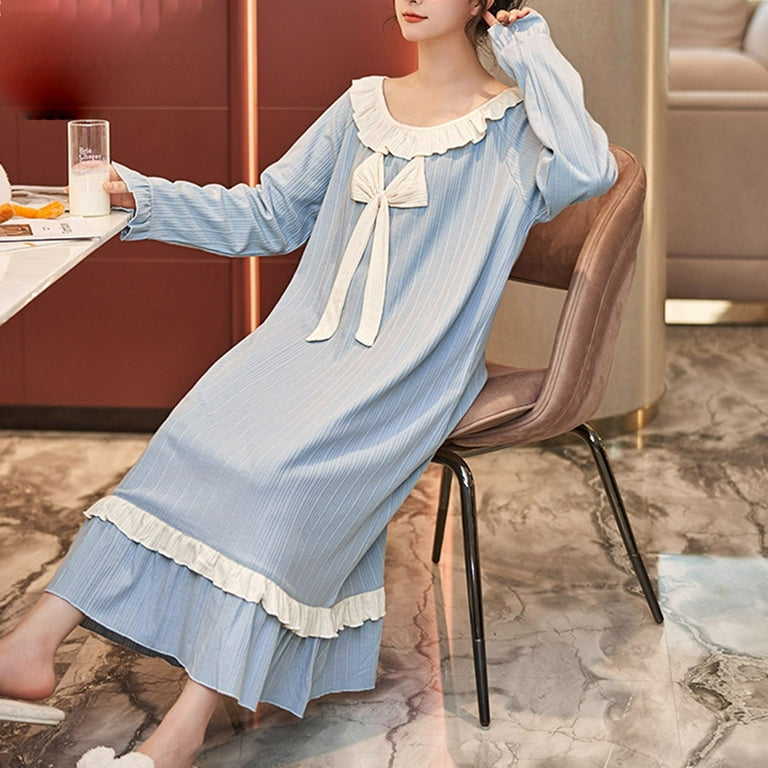 Homgro Women's Cute Long Sleeve Nightgown Padded Midi Sleep Dress Ruffle  Nighty Cotton Sleepwear Blue 12