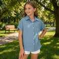 thumbnail image 2 of Aihuaihua Boys Button Down Linen Shirt Short Sleeve Tops for Girls Summer Beach Casual Collared Blouse Soft Tunic Tees with Pocket Light Blue 13-14 Years, 2 of 6