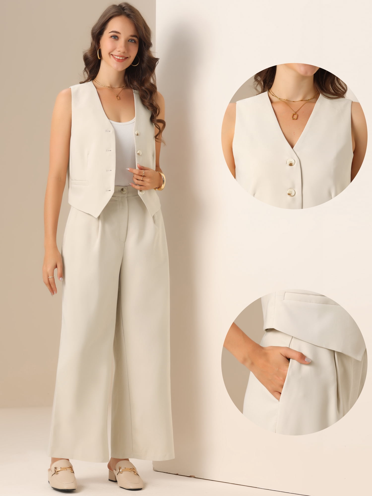 DARING DIVA Women's Button Front Vest Wide Leg Pants Matching Sets XL Apricot