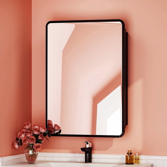 SUNRINX Bathroom Medicine Cabinet Mirror 20 in. W x 28 in. H, Metal Framed Mirror Cabinet with 2 Shelves, Surface or Recessed Mount, Wall-Mounted Bathroom Storage Cabinet
