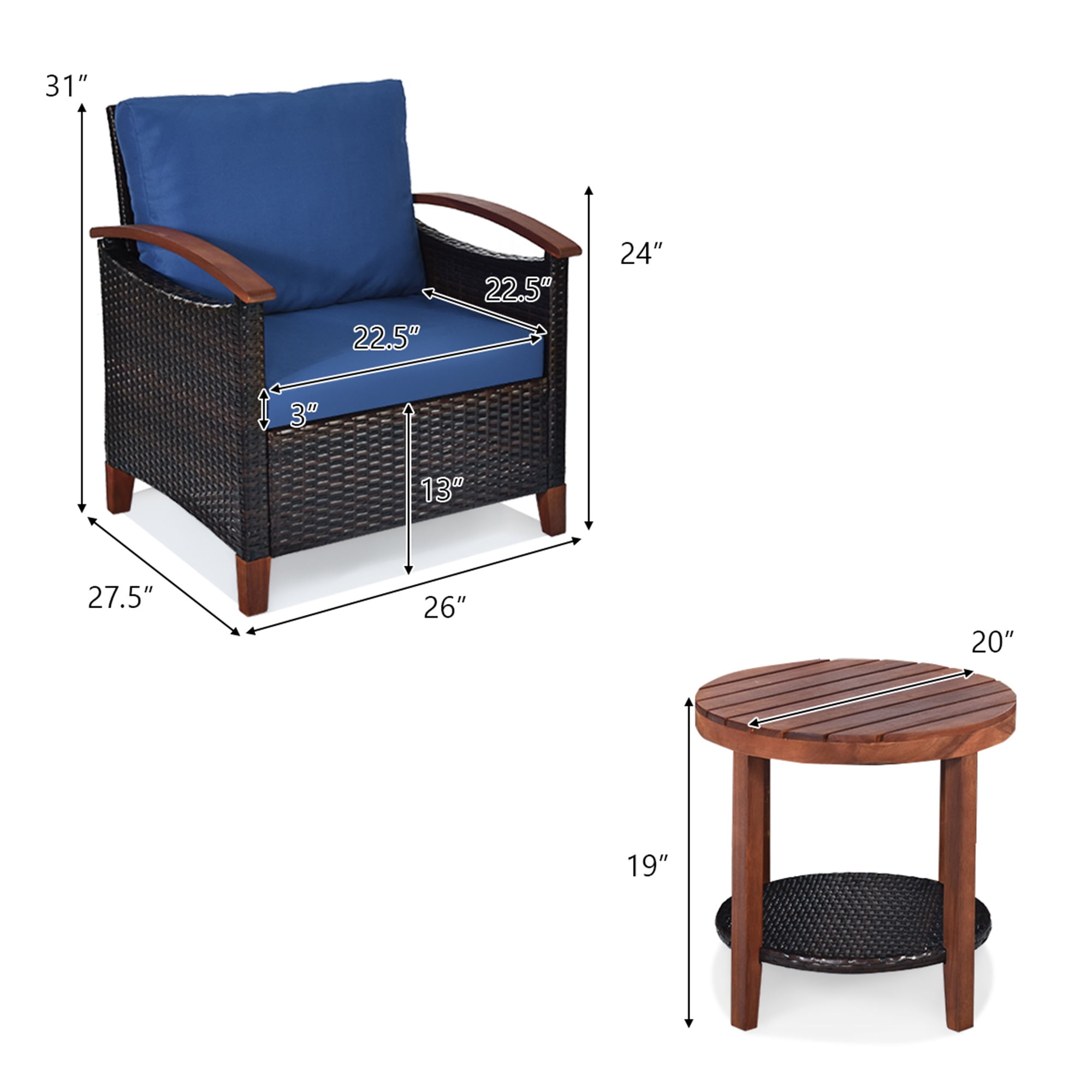 Gymax 3PCS Patio Wicker Rattan Conversation Set Outdoor Furniture Set w/ Cushion