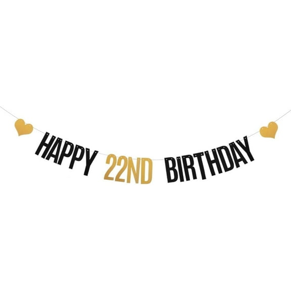 Black and Gold Glitter Happy 22nd Birthday Banner for 22 Years Old 22th Birthday Party Decorations Supplies Pre-Strung HAPPY 22ND BIRTHDAY