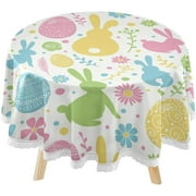 SKYSONIC Easter Eggs Bunnies Round Tablecloth 60inch Indoor Wrinkle Free, Spring Flowers Circular Lace Table Cover Washable for Kitchen Party BBQ Dining Decor