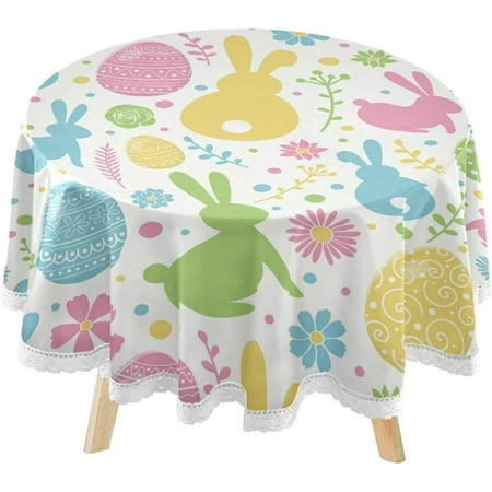 SKYSONIC Easter Eggs Bunnies Round Tablecloth 60inch Indoor Wrinkle Free, Spring Flowers Circular Lace Table Cover Washable for Kitchen Party BBQ Dining Decor