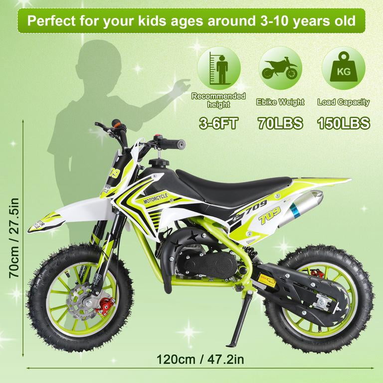 Dirt Bikes 49cc 2-Stroke, Dirt Bike for Kids Pull Start Off-Road Motorcycle 30KM/H Shock Absorption Green