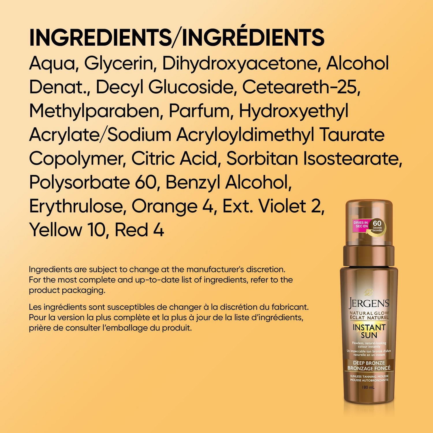 Jergens Natural Glow Instant Sun Sunless Tanning Mousse - Deep Bronze, 180mL, Self-Tanner | 180 ML