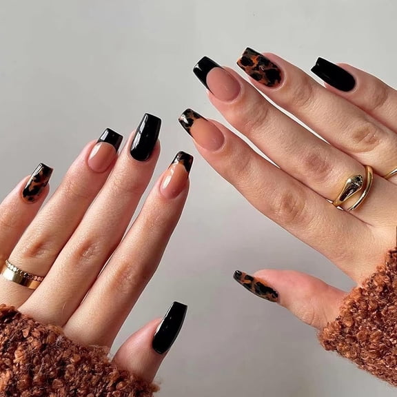 Coffin Press on Nails Medium French Fake Nails Black Ombre False Nails Ballerina Glossy Glue on Nails Full Cover Acrylic Nails for Women Brown 0.04 Fl Oz (Pack of 24)