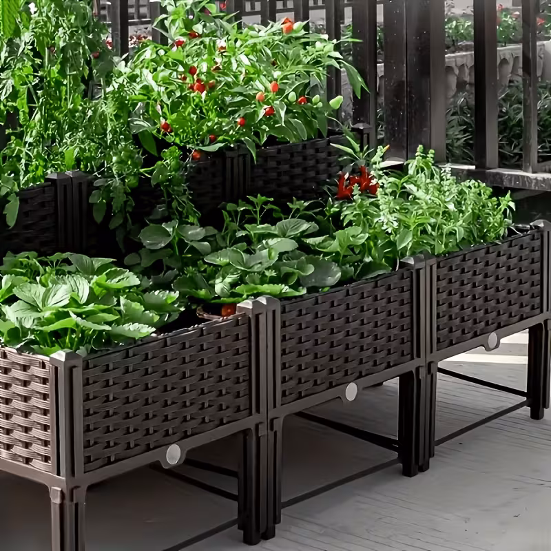 All-Weather Square Raised Planter Box with Drainage System, Outdoor Elevated Planter for Balcony, Railing, Garden, Lawn and Creative Christmas Decor