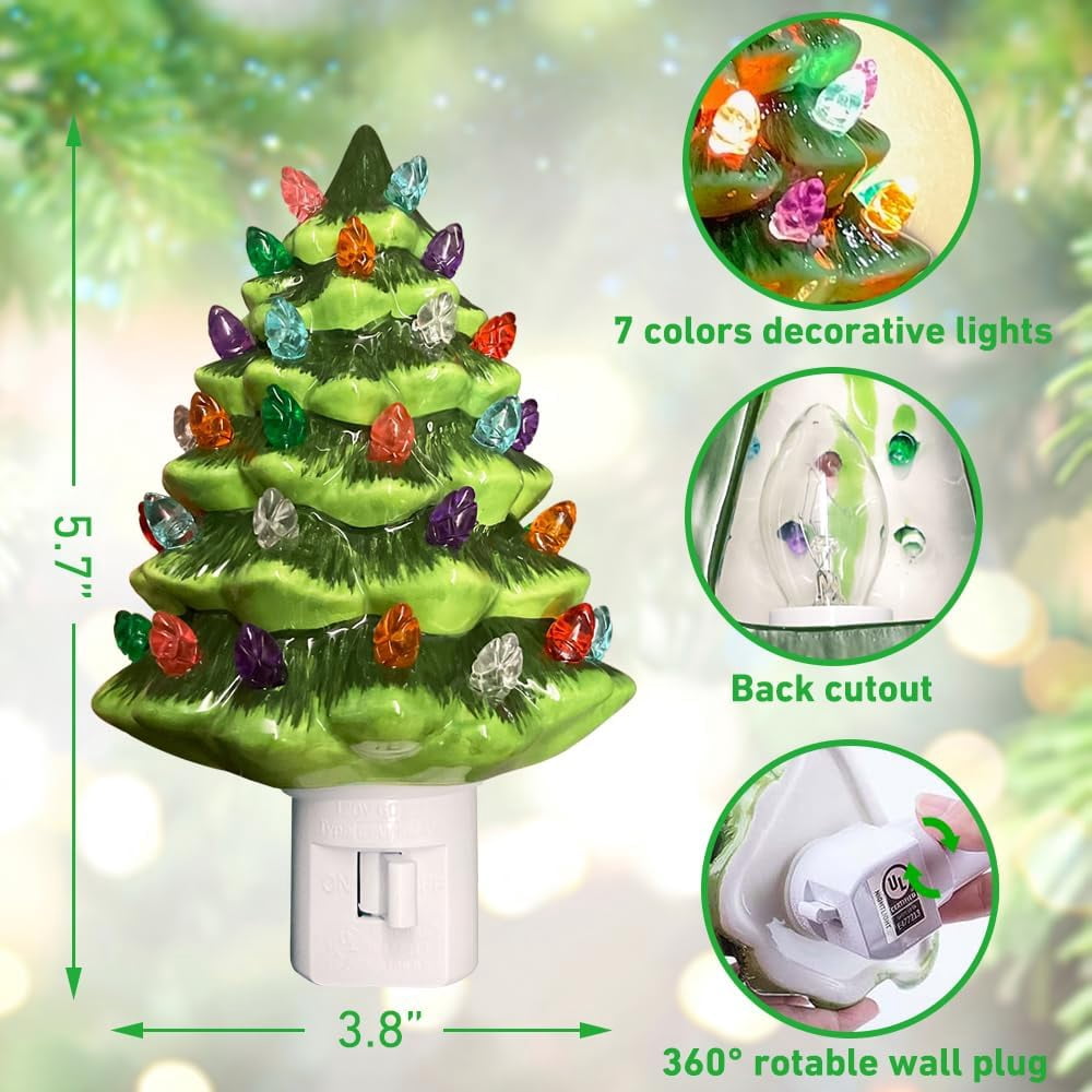 Ceramic Christmas Tree Night Light, Vintage Green Christmas Tree Wall Plug in Night Light, Hand Painted eramic Hallway Nightlight for Christmas, Home Décor