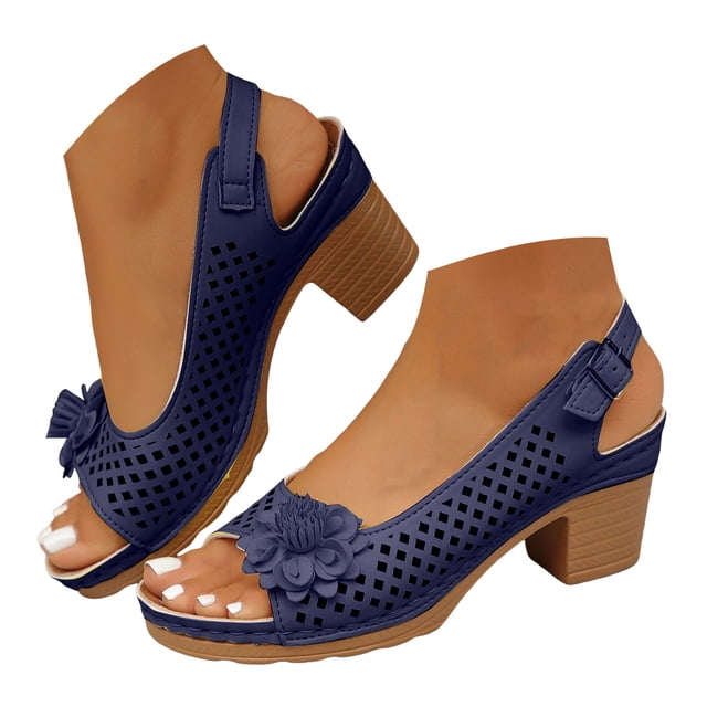 Dakaela Womens Slingback Sandals Dressy Back Strap Chunky Heels Hollow out Summer Slip on Slides Shoes