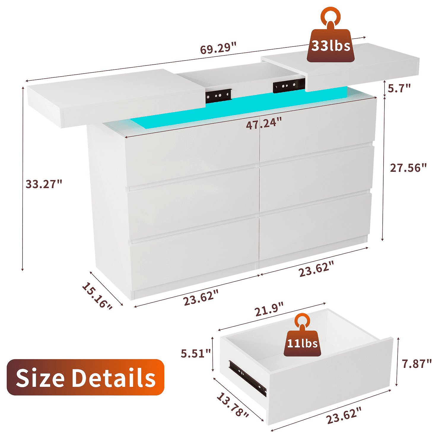 White 6 Drawer Dresser with Sliding Top, LED Lights & Charging Station - Spacious Chest of Drawers for Bedroom, Entryway, or Hallway Storage