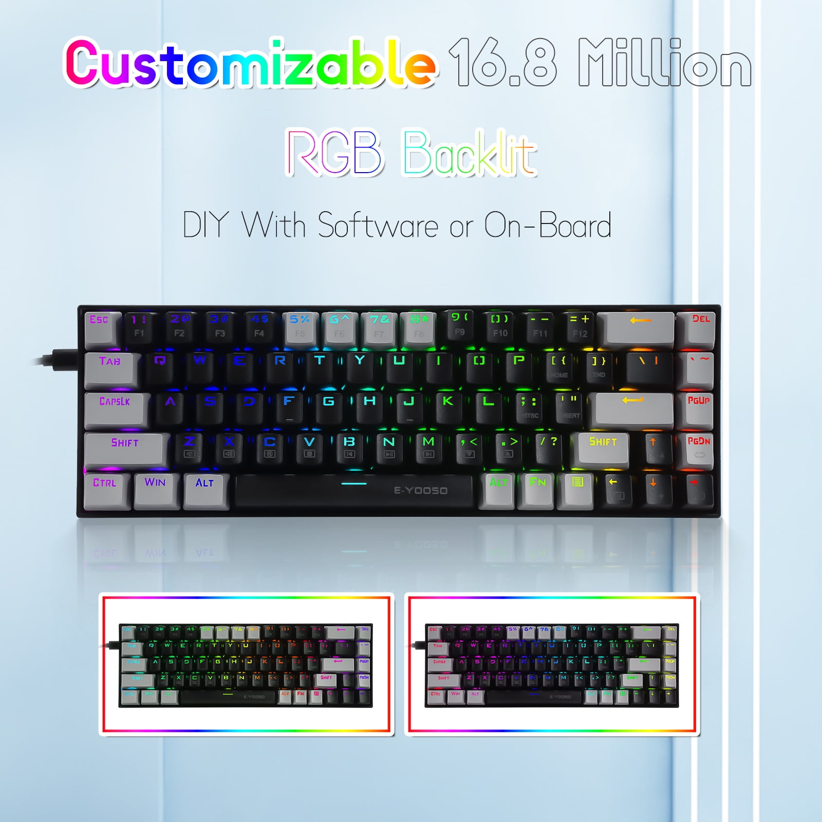 65% RGB Gaming Keyboard, E-YOOSO Z-686 Wired 68 Keys Mechanical Keyboard, Clicky Blue Switches, Pro Software Supported, Detachable Cable, Separate Arrow Keys - Black/Grey