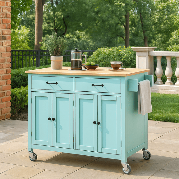 Kitchen Island Cart with 4 Door Cabinet and Two Drawers and 2 Locking Wheels - Solid Wood Top, Adjustable Shelves, Spice & Towel Rack(Mint Green)