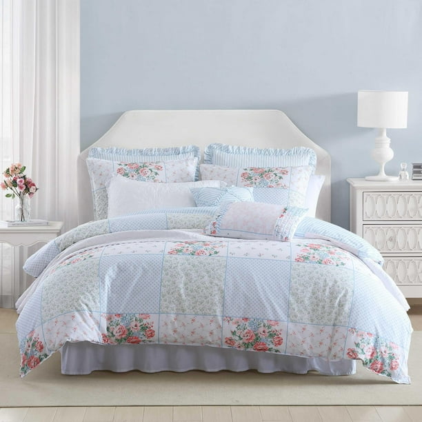 Laura Ashley - Juego de edredón doble de algodón con funda a juego y funda de almohada adicional con certificación Oeko-Tex Dorm Essentials Coquette Room Decor (Hope Patchwork Blue)