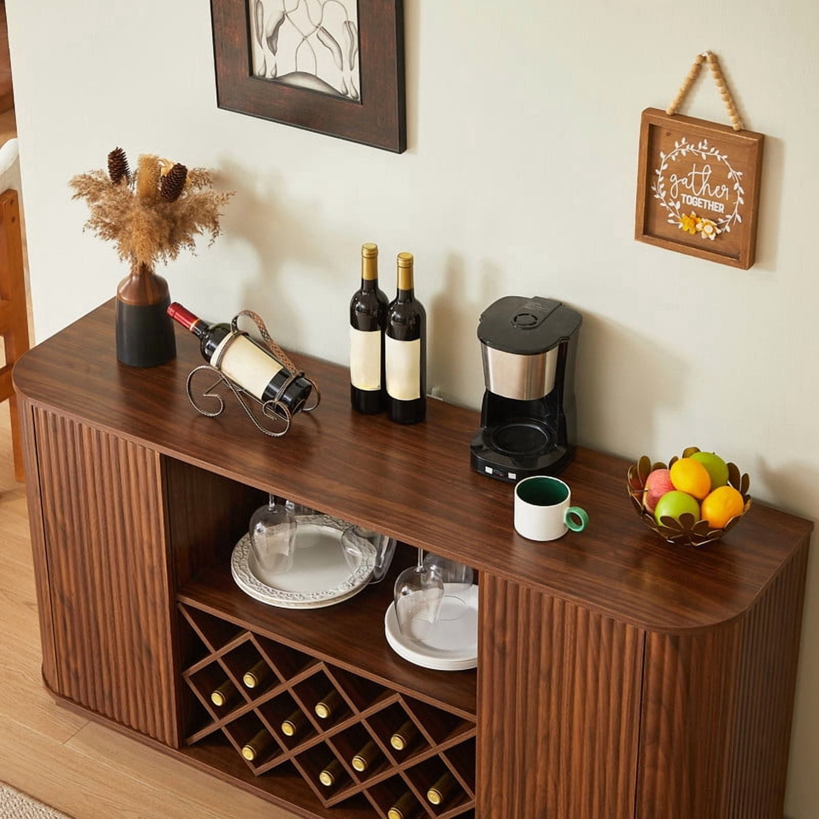 Modern Sideboard Buffet with 2 Wavy Doors, Home Bar Storage Cabinet with Glassware Holder, Wine Rack & Adjustable Shelf