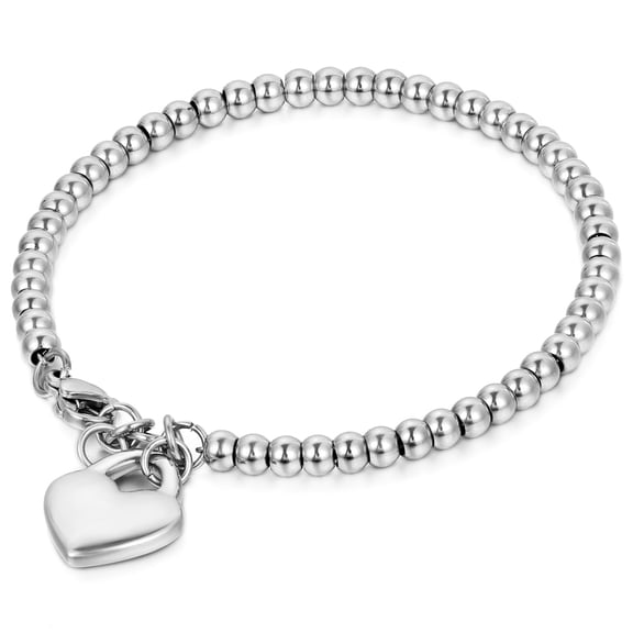 Stainless Steel Heart Charm Beaded Bracelet for Women Girls Christmas, 7.5inch