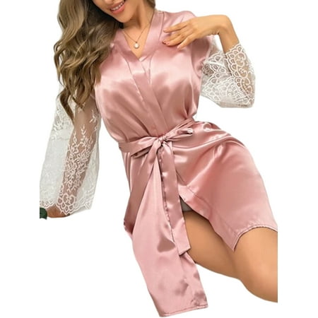 LilyLLL Womens Lace Sheer Kimono Bathing Robe Satin Silk Lingerie Sleepwear Pajamas
