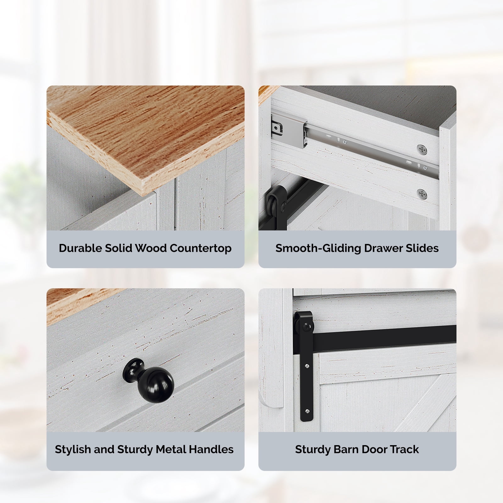 2 Barn Doors with Sliding Rails 3 Drawers 3 Shelves Serving Cart Rubberwood Countertop + MDF Cabinet Dining Cart, 47.24*29.49*35.08in, White