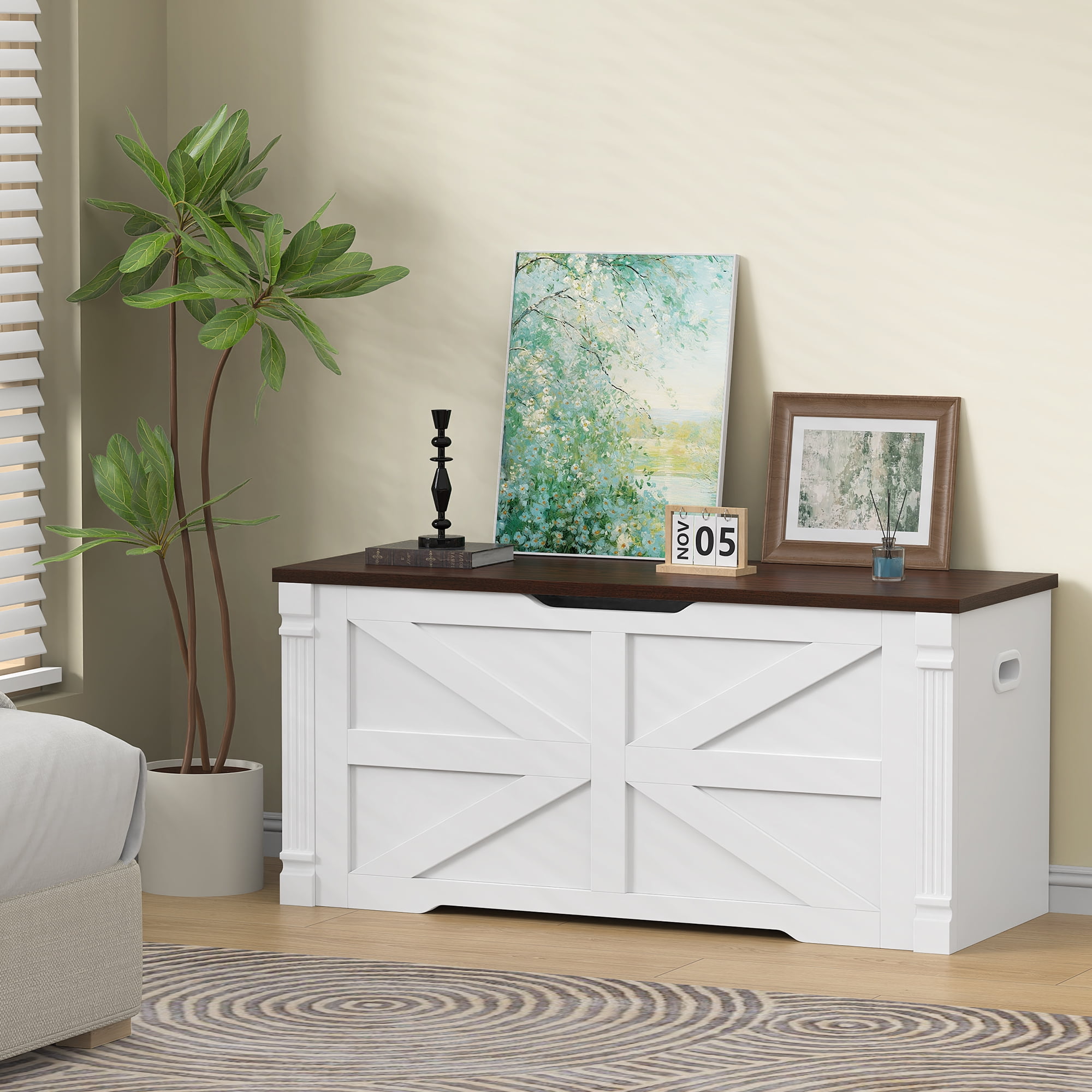 VVFLU Storage Chest, 39.4” Toy Box, Entryway Storage Trunk, Shoe Bench with Storage, Engineered Wood Storage Cabinet with 2 Safety Hinges, Entrance Bench for Living Room