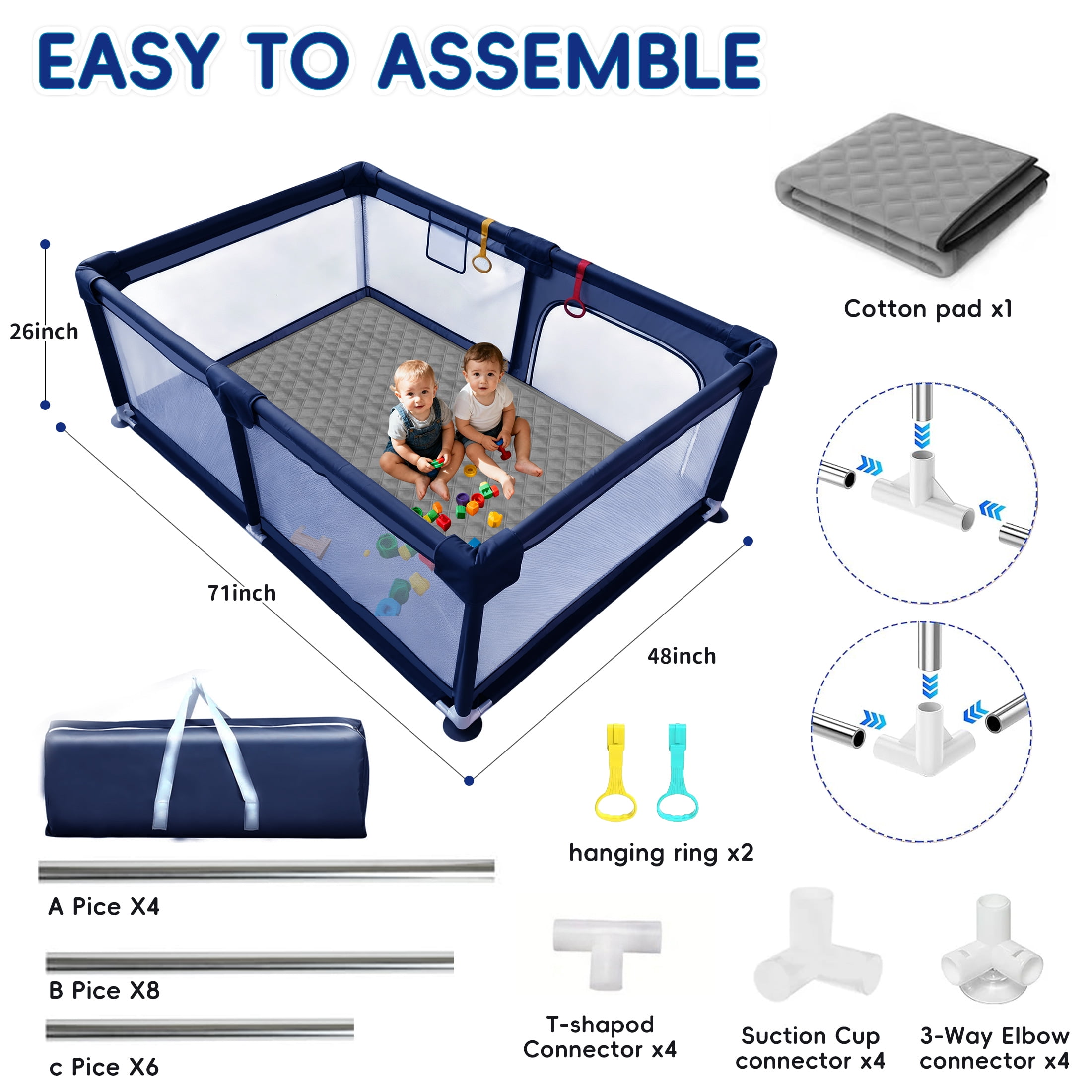 HioHa Large Baby Playpen with Mat | Premium Spacious Play Yard (71“), Sturdy Steel Frame & See-Through Mesh for Safety | Easy Fold, Portable for Indoor Outdoor Use