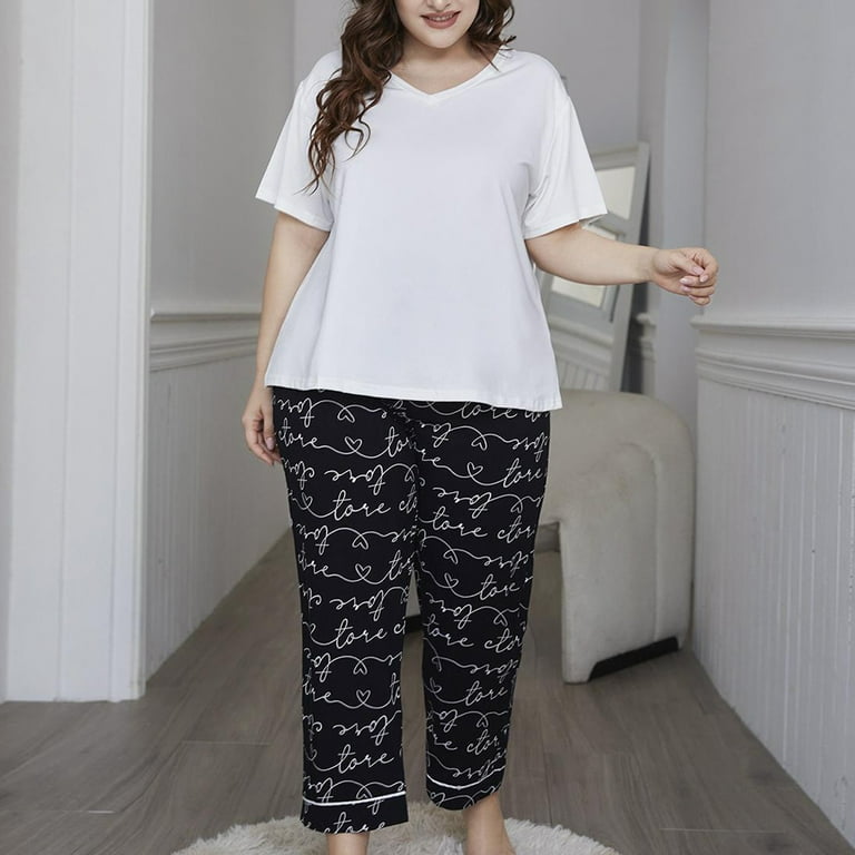 Women's Plus Size Pajama Sets For Lady Soft Short Sleeve Loungewear  Sleepwear Top With Soft Pants 1XL 