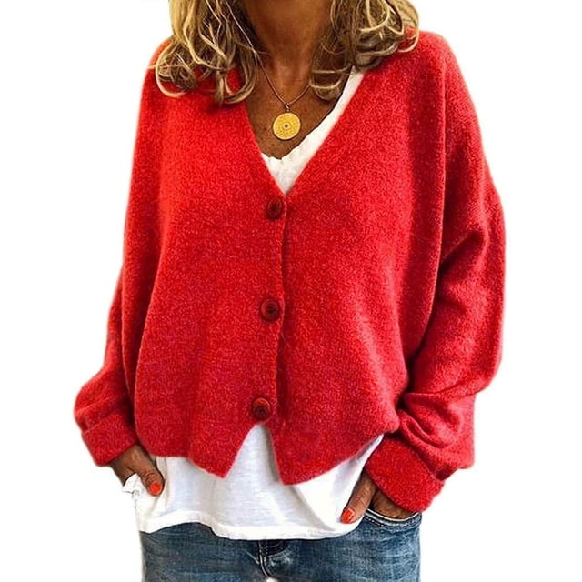 Womens Sweater Knitted Casual V-neck Solid Color Cardigan Sweater