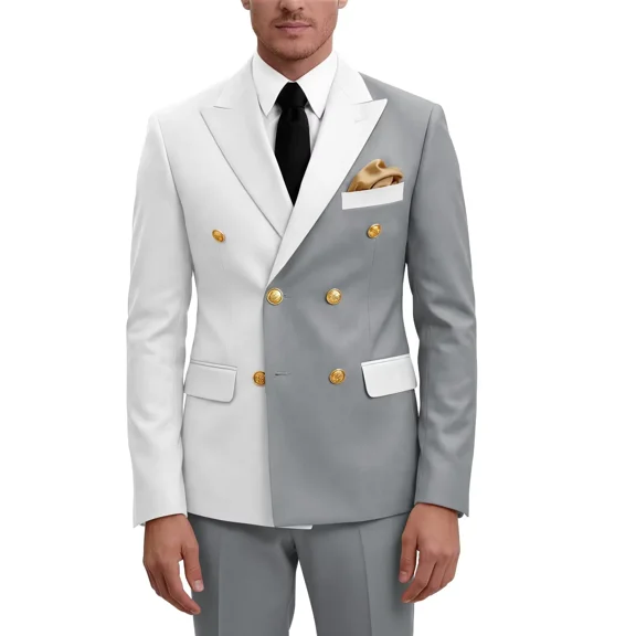 Men Suits 2 Piece Set Silver Regular Fit Silver Blazer Pants for Business Wedding Party, XXL