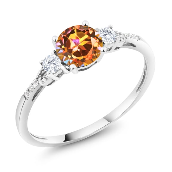 Gem Stone King 10K White Gold Ecstasy Mystic Topaz White Created Sapphire and White Diamond Accent 3-Stone Engagement Ring for Women (1.14 Cttw, Round 6MM, Gemstone November Birthstone, Size 6)