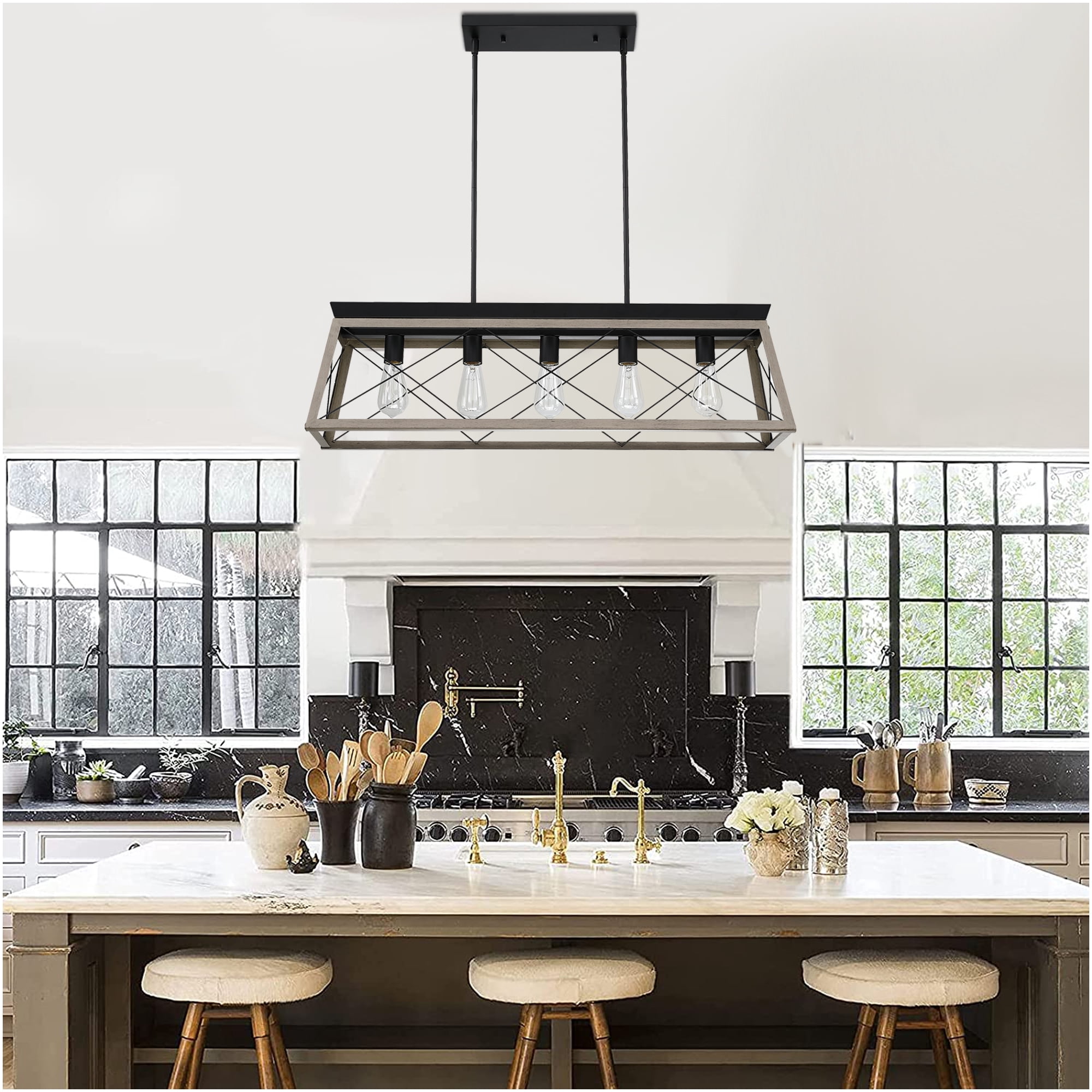 5-Light Farmhouse Pendant Lighting for Kitchen Island Light Fixture Industrial Hanging Chandelier for Dining Room, Kitchen, Living Room with Anchor Grey Oak Finish