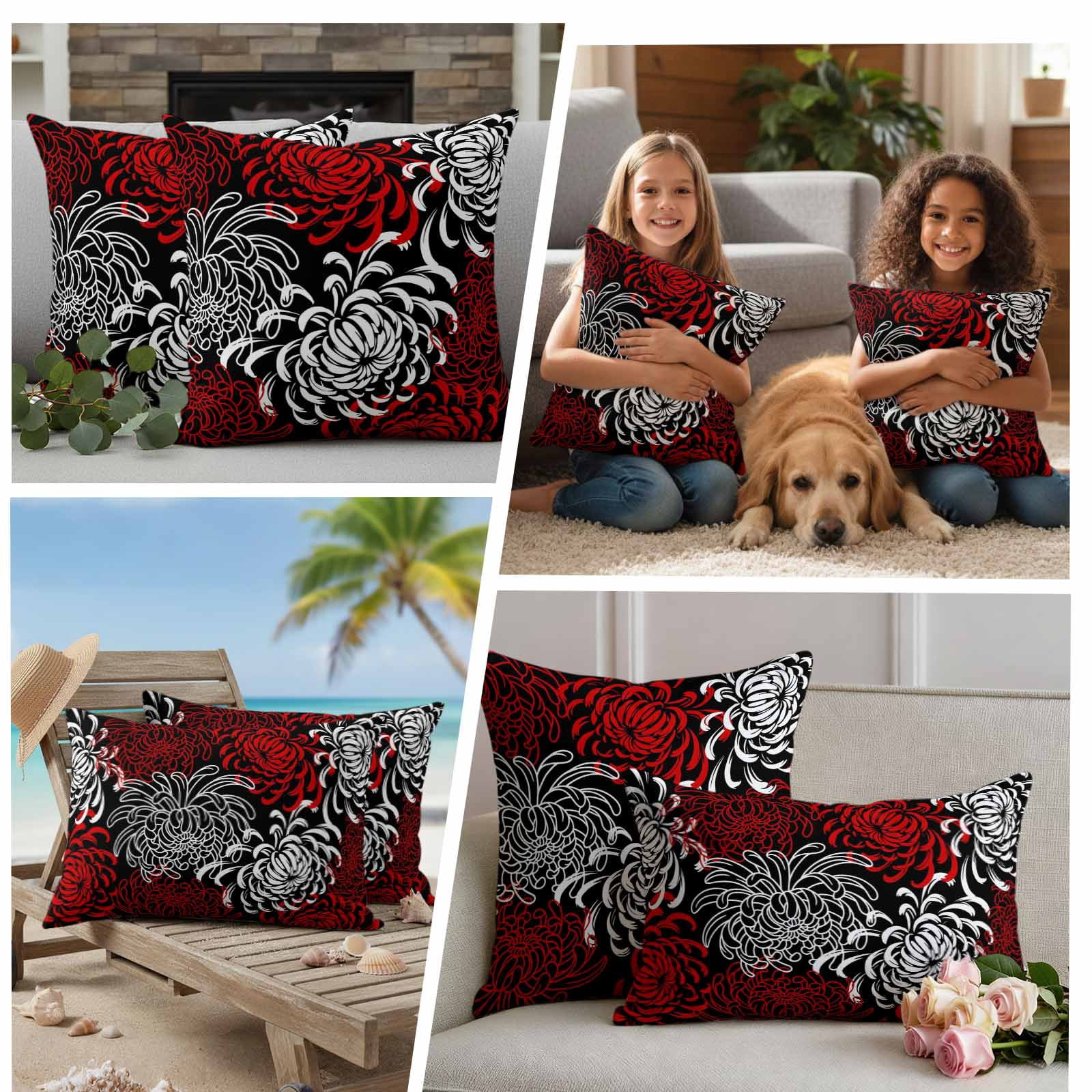 Red White Outdoor Waterproof Pillow Covers, Abstract Black Chrysanthemum Flower Floral Decorative Square Throw Pillowcase Sofa Cushion Sham for Patio/Couch/Chair, 16"x16" 2 Pack