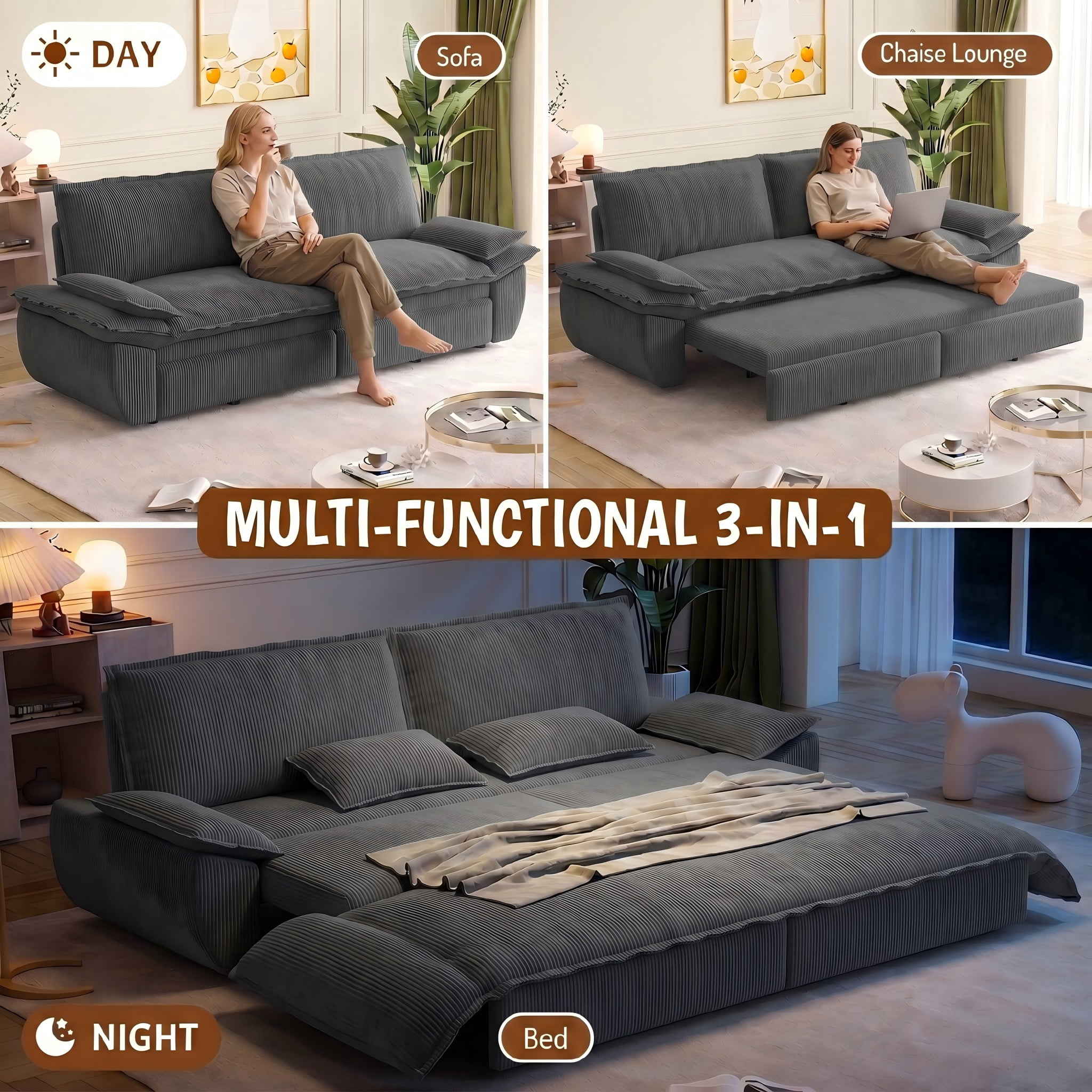 Multi-Functional Corduroy Convertible 3-in-1 Sofa Bed, Queen Size Loveseat Sleeper Couch, Dark Grey