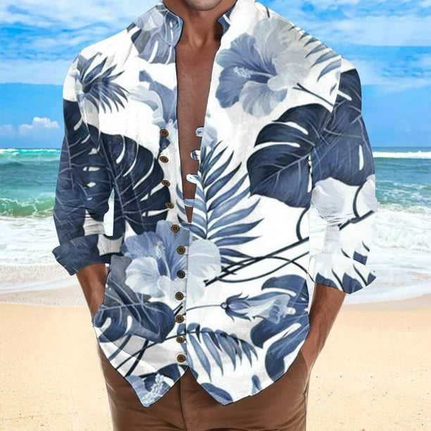 Camisas s Para Hombre De Vestir Camisa de manga larga con estampado 3D digital y cuello con botones sueltos para ocio en la playa para hombre Blue L Bodega Aurrera en