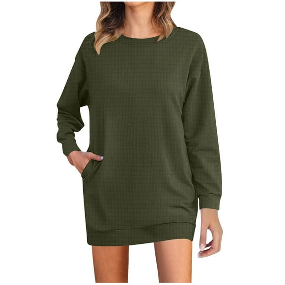 qolati Women's Long Sleeve Sweatshirts Dress Soft Waffle Knitting Oversized Sweatshirts 2024 Fall Winter Short Pullover Sweater Dress Green L 8