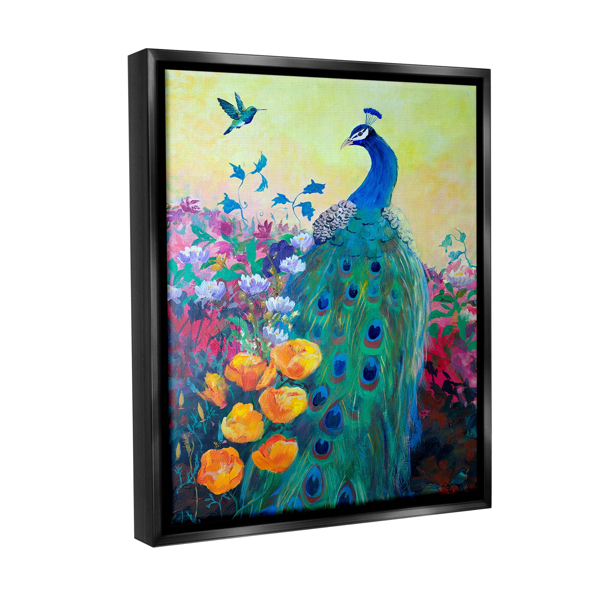 Stupell Industries Peacock & Garden Flowers Animals & Insects Painting Black Floater Framed Canvas Art Print Wall Art, 25 x 31