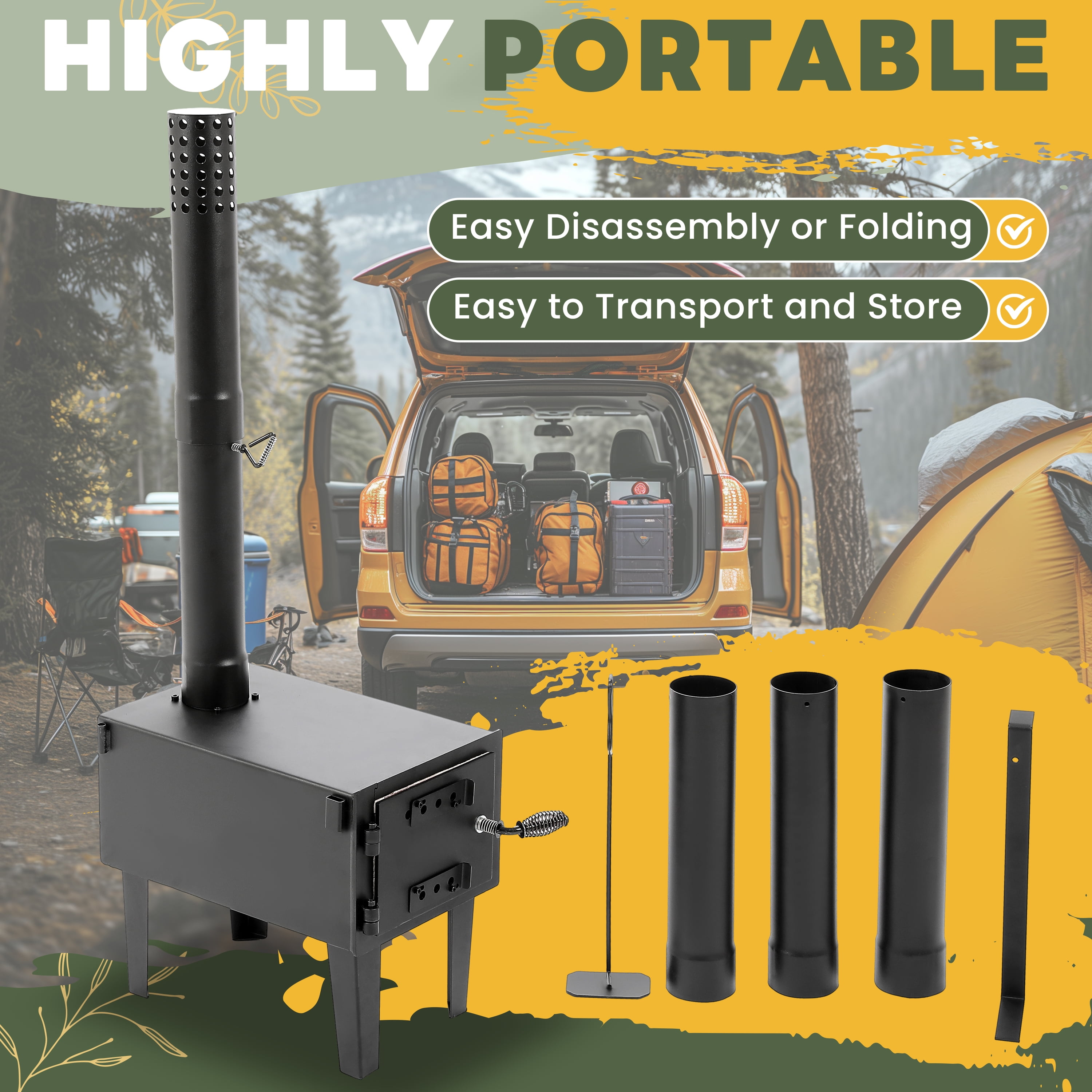 Kojem Wood Burning Stove Tent Camping Stove for Outdoor Cooking Fishing Hiking Travel Portable Heater W/Storable Chimney Pipes