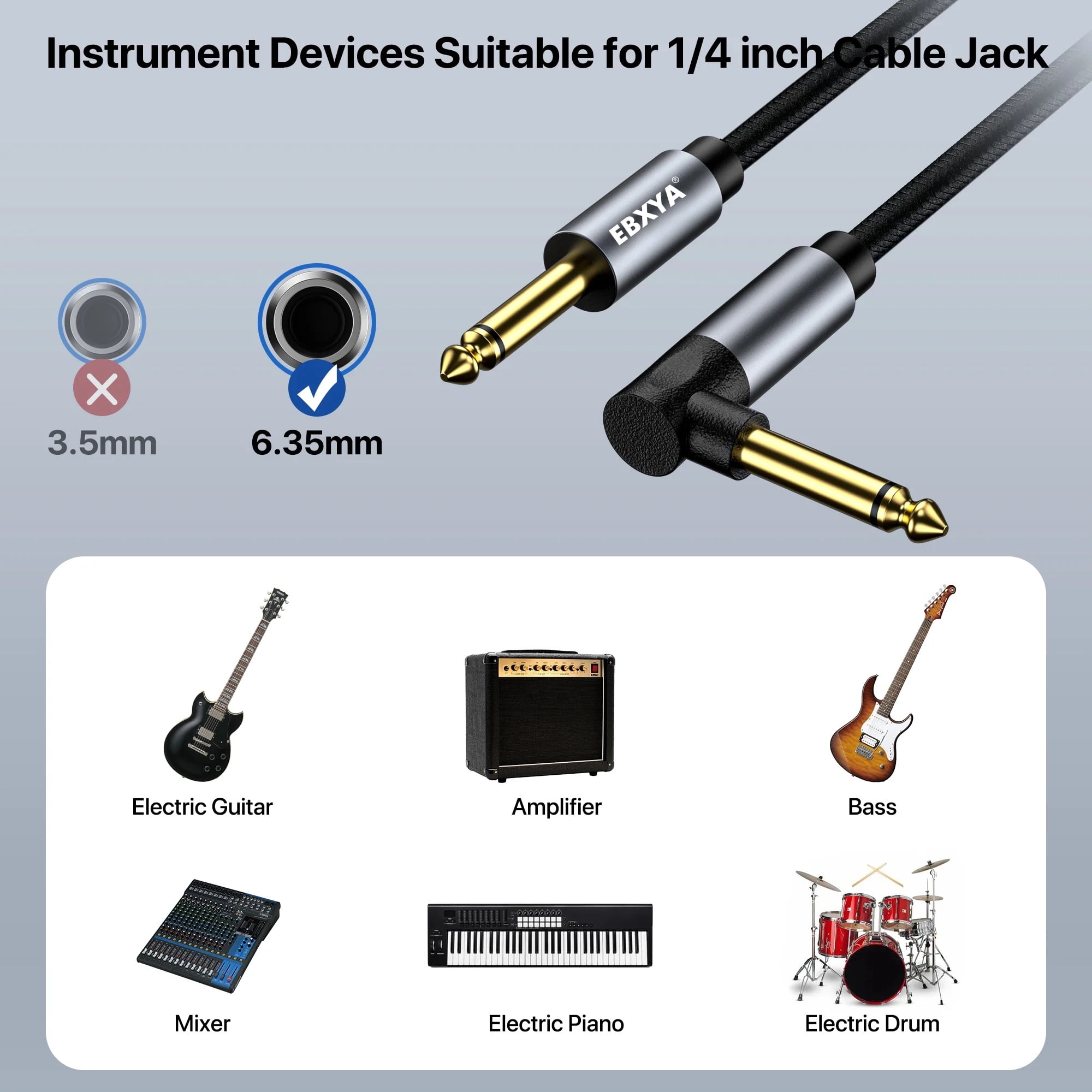 EBXYA 1/4 Inch Guitar Cable 2-Pack Straight to Right Angle 10ft Instrument Cable with Dual-Color Braided Jacket & Molded Connectors for Electric Guitar, Bass, Amp & Live Performance