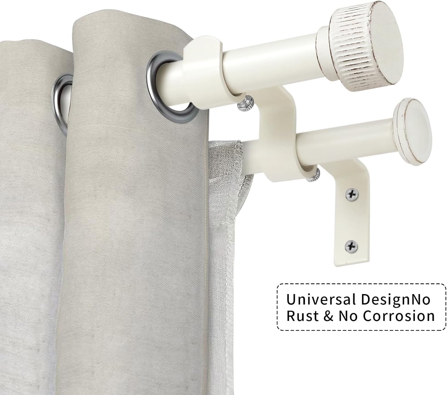 eTeckram 5/8" Double Curtain Rod with Bouton Finials,Weathered White,84‘’-120‘’