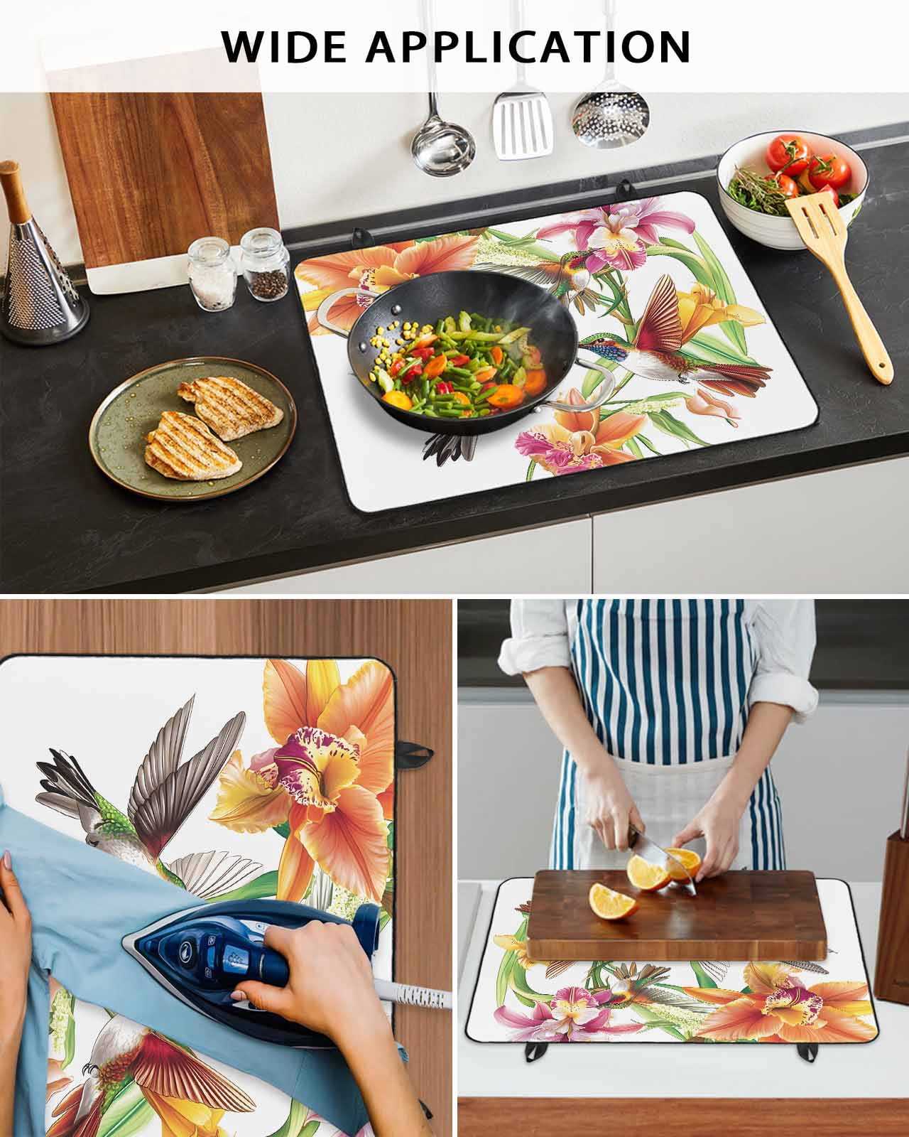 nqOlkjepod Large Induction Cooktop Protector Mat 36"x21", Orange Floral Stove Top Covers for Electric Stove, Spring Kingfisher Watercolor Retro Art Stove Burner Cover Mats, Glass Top Stove Cover