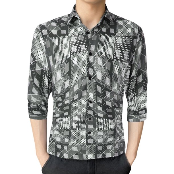 Camisas Para Hombre Camisa de manga de siete con estampado de solapa de ajuste delgado de moda casual para hombre (Grey, 3XL)