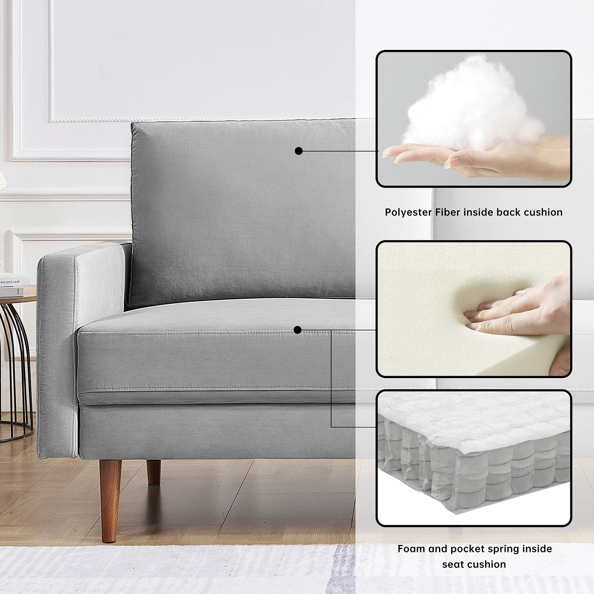 Lovelock 57" Mid-Century Modern Sofa Couch, Velvety Smooth Upholstered Loveseat with Wooden Legs, Suitable for Apartment, Dorm, Bedroom, Grey