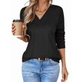 thumbnail image 3 of Blusas de Punto Gofre para Mujer, Blusas Casuales de Larga con Farol, Cuello en V, Camisetas Oversize. Negro M, 3 of 8