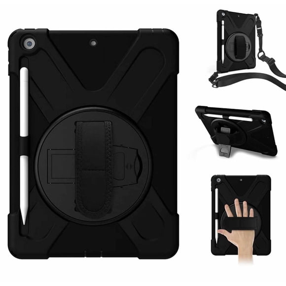 Bulk Packaging Heavy Duty Case with Kickstand Built-in Screen protector Hand and Shoulder Strap Black for iPad 10.2 2021 9th Gen/10.2 2020 8th Gen/iPad 10.2 2019