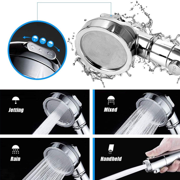 Chrome High Pressure Handheld Shower Head with ON/OFF Pause Switch, 3 Spray Modes Shower Wand with Shut Off Button, Removable Camper Shower Head with Hose and Adjustable Angle Bracket