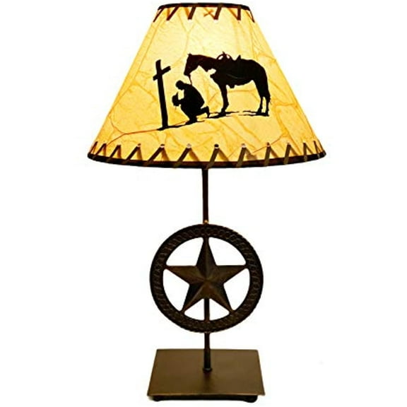 Urbalabs Cowboy Praying with Cross Western Star End Table Lights for Bedrooms, Farmhouse Rustic Table Lamp Decor, Antique Wash Finish 20" Tall with Shade (Western Star Small Table Lamp with Shade)